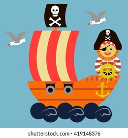 Pirate ship and seagulls. Vector illustration.