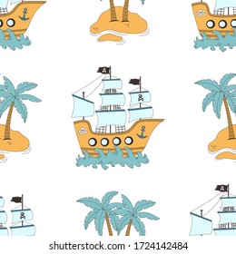 Pirate ship. Seamless pattern with Pirate ship and palm. Hand-drawn vector illustration