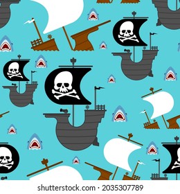 Pirate ship and shark pattern seamless. background