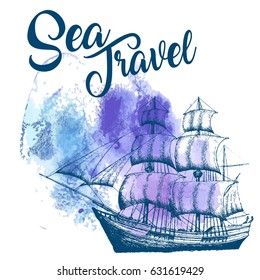 Pirate ship with a sign "Sea travel" 