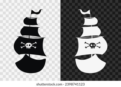 Pirate ship silhouette icon, vector glyph sign. Pirate ship symbol isolated on dark and light transparent backgrounds.