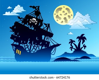 Pirate ship silhouette with island - vector illustration.