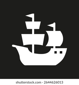 Pirate ship silhouette logo. White icon ship with sail isolated on black background. Vector illustration side view.
