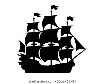 Pirate ship silhouette. Sailboat silhouette isolated on a white background.