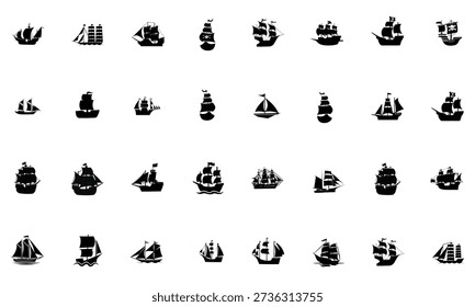 Pirate Ship Silhouette Set Vector and Illustration 