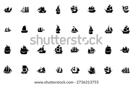 Pirate Ship Silhouette Set Vector and Illustration 