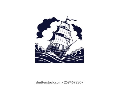 pirate ship silhouette vector art illustration on a white background