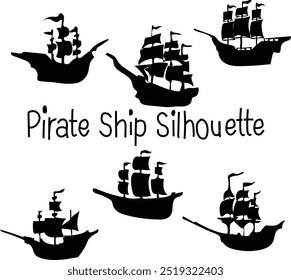 pirate ship silhouette vector illustration. Good for banner, poster, greeting card, party card, invitation, template, advertising, brochures, flyers, ad benners and social media