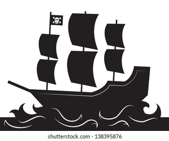 Pirate ship silhouette with waves 