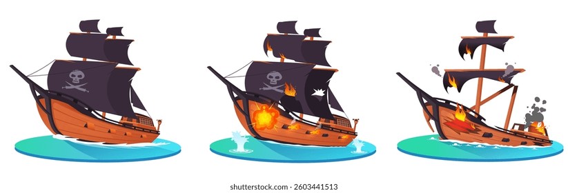 Pirate ship sinking in three stages of destruction. Vector illustration
