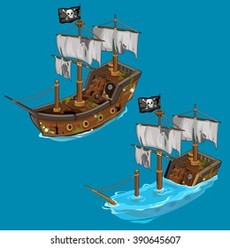 The pirate ship sinks and floats. Water transport. Vector illustration.