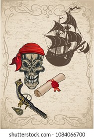 Pirate ship and skull