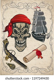Pirate ship and skull