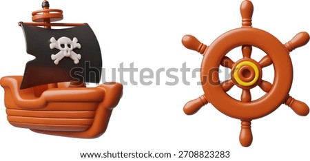 Pirate ship with skull with bones on the black sail and ship steering wheel 3D plastic style vector icons set. Cartoon wooden round ship helm. Pirate wooden vessel and boat wheel