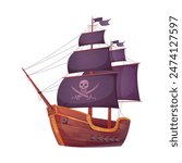 Pirate ship with skull and crossbones, black sails on mast and cannons vector illustration