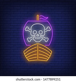 Pirate ship with skull and crossbones on sail neon sign. Adventure, vessel, danger design. Night bright neon sign, colorful billboard, light banner. Vector illustration in neo n style.