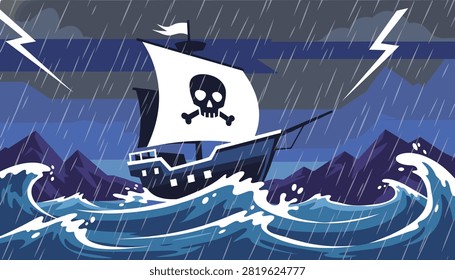 Pirate ship with a skull and crossbones sail navigating through rough ocean waves during a dramatic lightning storm.
