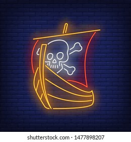 Pirate ship with skull and crossed bones on sail neon sign. Adventure, vessel, danger design. Night bright neon sign, colorful billboard, light banner. Vector illustration in neo n style.