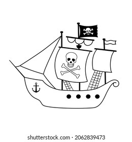 Pirate ship with skull with crossed bones on the sail isolated on white background. Vector line monochrome illustration for coloring page.