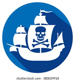 pirate ship with skull with crossed bones on the sail flat icon 