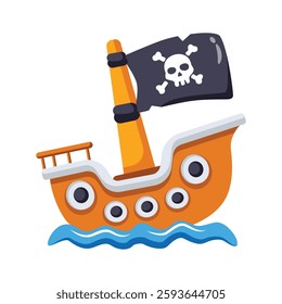 Pirate ship with a skull flag on it, 3d style icon