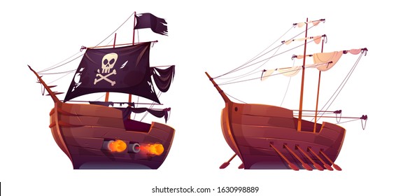 Pirate ship and slave galley with oars isolated on white background. Wooden boats with black and white sails, shooting cannons and jolly roger flag. Old battleship, barge. cartoon Vector illustration