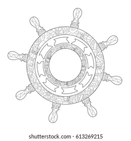 Pirate ship steering wheel coloring book for adults vector illustration. Anti-stress coloring for adult. Zentangle style. Black and white lines. Lace pattern