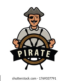 Pirate with ship steering wheel. Vector illustration