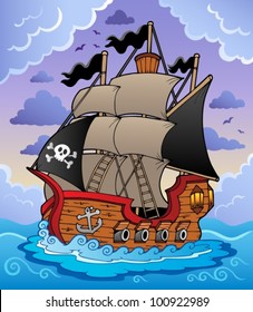 Pirate ship in stormy sea - vector illustration.