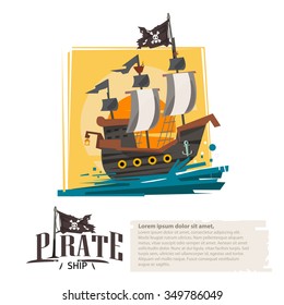 Pirate ship with sunset background. typographic design for header - vector illustration