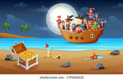 Pirate ship team on boat to search for treasure