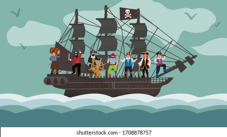 Pirate ship team trip on boat flat vector illustration. Character raider stay in wood yacht steering wheel. Robbery sea group bandit jolly roger flag, night travel vessel float ocean wave.