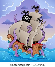 Pirate ship with tentacles in storm - vector illustration.