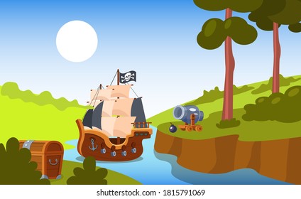 Barco pirata, caja del tesoro, arma de cañón. Luminoso paisaje de verano de bosque con río, árboles al amanecer. Viajes en un vector de fondo de paisajes de barcos piratas