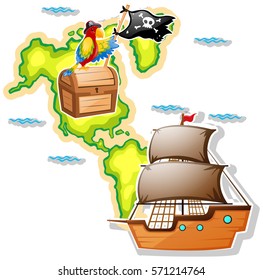 Pirate ship and treasure chest on map illustration