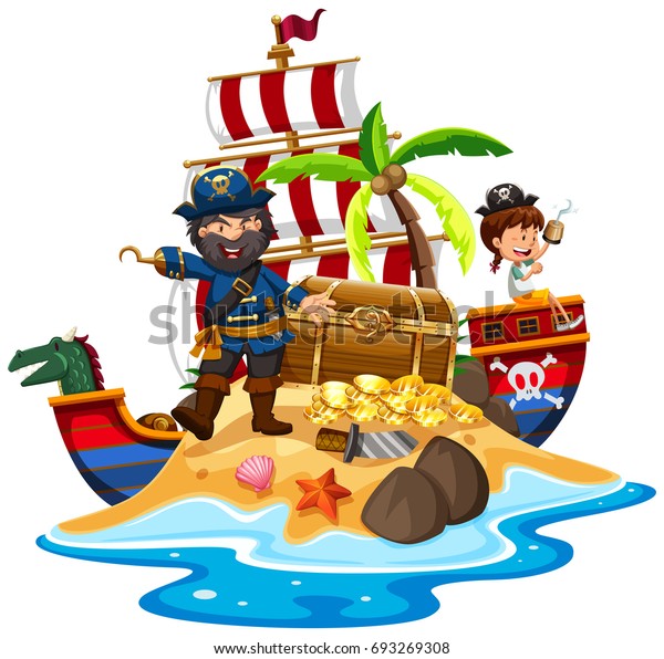 海賊と船が宝島のイラストに描かれている のベクター画像素材 ロイヤリティフリー