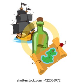 Pirate ship, treasure map, a bottle with a message. Graphics Pirate theme.