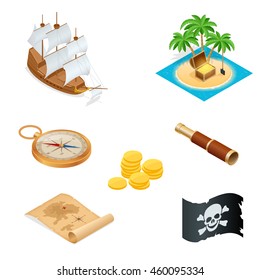  Pirate ship, treasure map, the island with the treasure, compass, coins, telescope, flag. Flat 3d isometric vector illustration