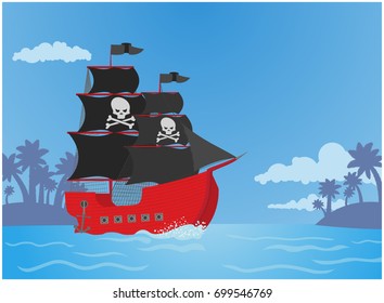 A pirate ship in the tropics. Vector illustration, a flat style design