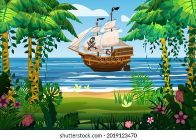 Pirate ship under sail in ocean. Tropical Island, tropical, palms, floral, plants. Sea landscape coast, beach, sand, adventure, game. Vector illustration