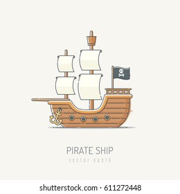 Pirate ship vector illustration drawn in vintage line art style with pastel colors