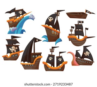pirate ship vector illustration set