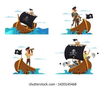 Pirate Ship Vector Illustrations Set. Pirates, Buccaneers, Sailors Cartoon Characters. Sail Boat With Black Flag Drawing. Sea Dogs, Captain, Boatswain, Skipper. Parrot On Shoulder. Water Attack, Fight