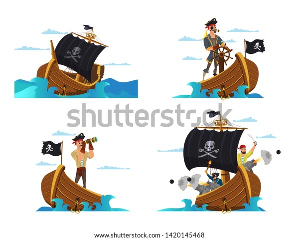 海賊船のベクターイラストセット 海賊 海賊 水夫のキャラクター 黒い国旗を描いた帆船 海犬 船長 水夫長 船長 肩にオウム 水攻め 戦う のベクター画像素材 ロイヤリティフリー
