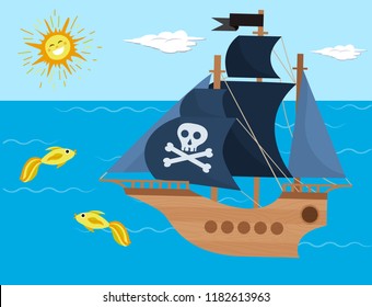 Pirate ship vector kids cartoon piracy backdrop with pirateboat or sailboat on seaside with island and palm illustration marine background for children
