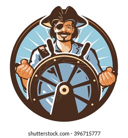 Pirate Ship Vector Logo. Jolly Roger, Journey Or Corsair Icon