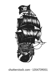 Pirate ship vector tattoo by hand drawing.Beautiful picture on white background.Black and white graphics design art highly detailed in line art style.