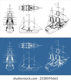 pirate ship view on various positions line vector technical drawing blueprint isolated on transparent background