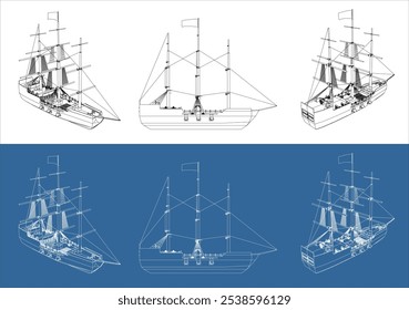 pirate ship view on various positions line vector technical drawing blueprint isolated on transparent background