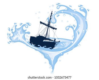 Pirate ship in whirpool isolated on white background